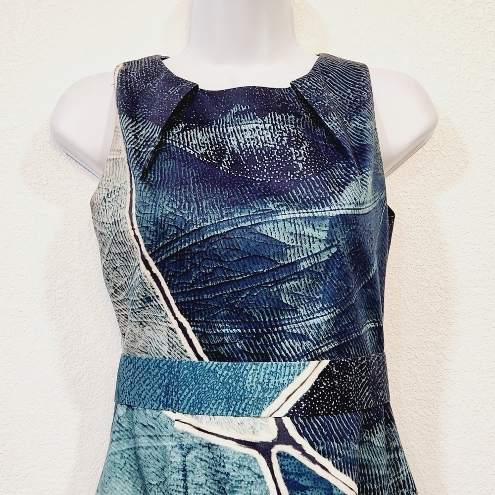 ELIE Tahari Rare Aquamarine dark blue liquid marble Sheath Dress Size 0 - Picture 2 of 11